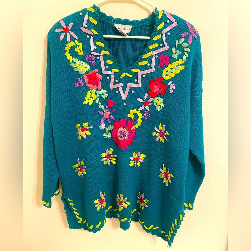 Vintage SizeXL Suburban Oversized Sweater with Multicolor Floral Ribbon Patterns